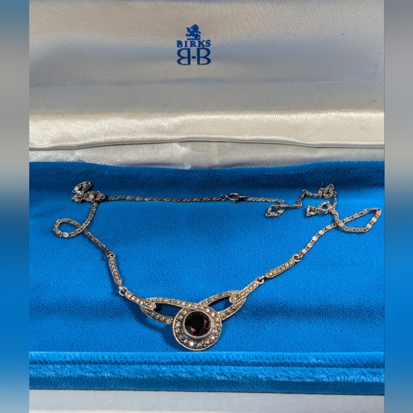 Vintage sterling silver 925 Birks marcasite garnet 1940s chain necklace - Picture 3 of 6